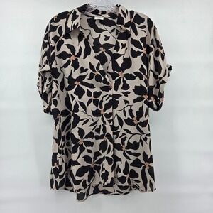CAbi Black and Cream Floral Button-Front Blouse